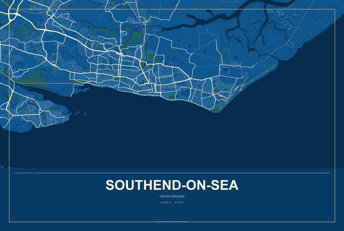 Southend-on-Sea, United Kingdom City Map Aluminum Sign in Harbor Cobalt style