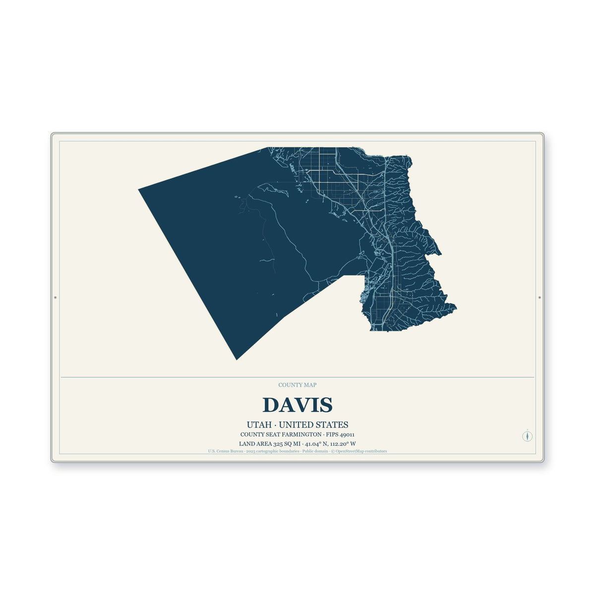 Davis County, Utah Map Aluminum Sign in Coastal Cutout style