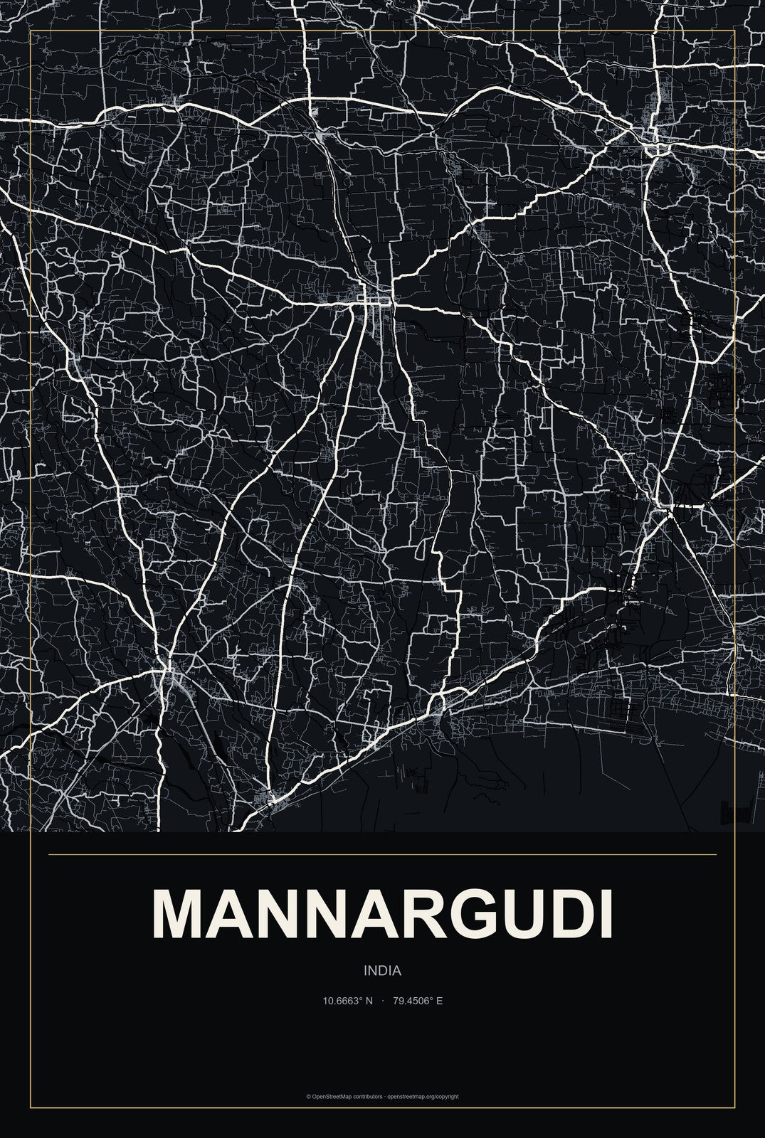 Mannargudi, India City Map Aluminum Sign in Metropolitan Noir style