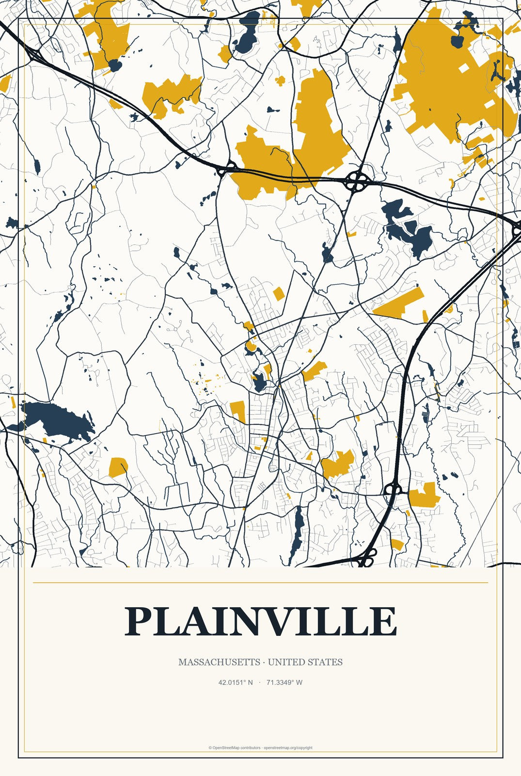 Plainville, Massachusetts City Map Aluminum Sign in Citrine Modern style