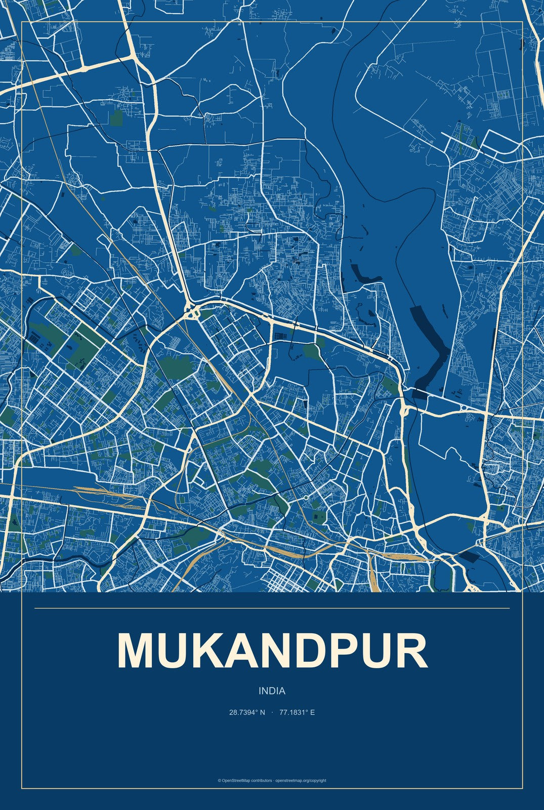 Mukandpur, India City Map Aluminum Sign in Harbor Cobalt style