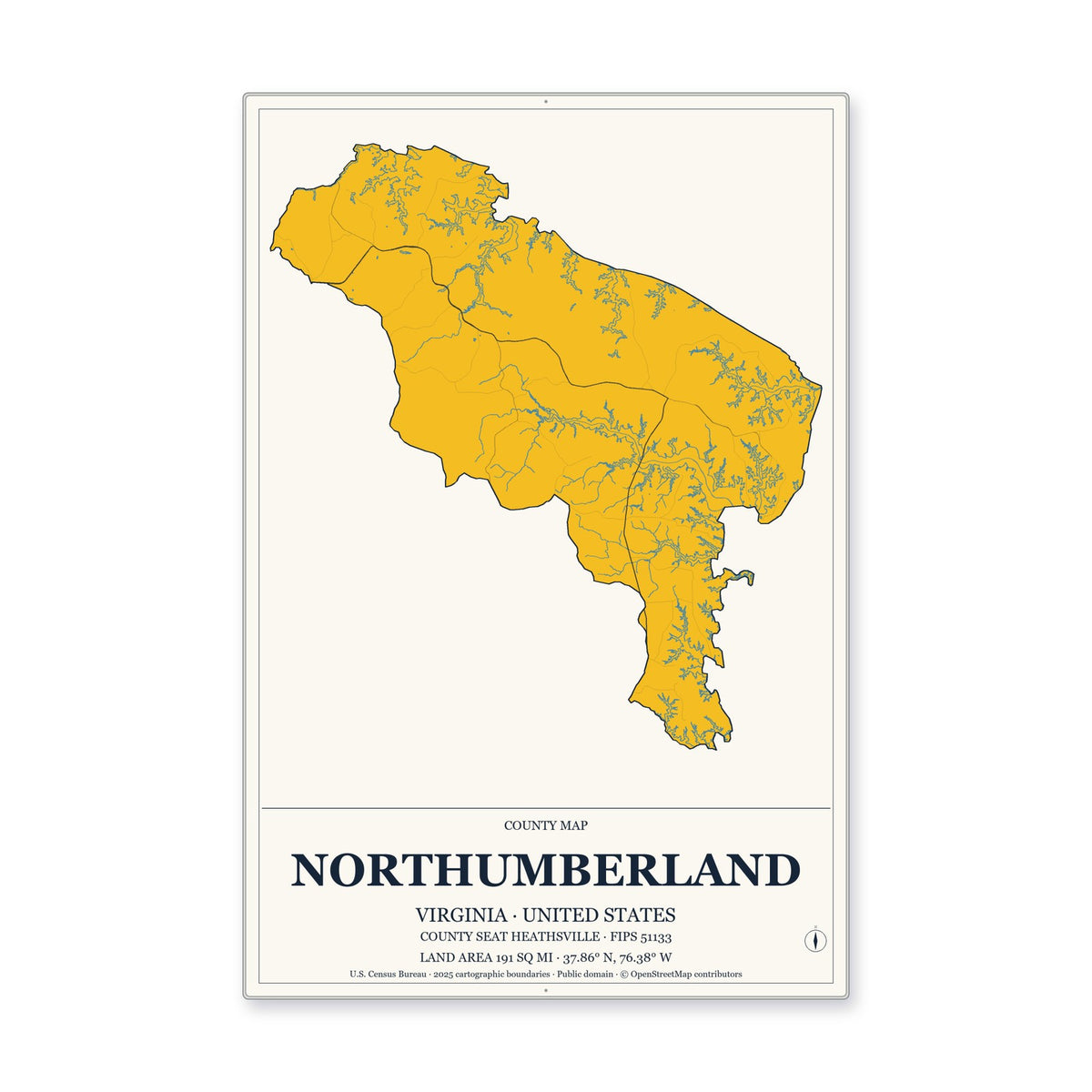 Northumberland County, Virginia Map Aluminum Sign in Citrine Modern style