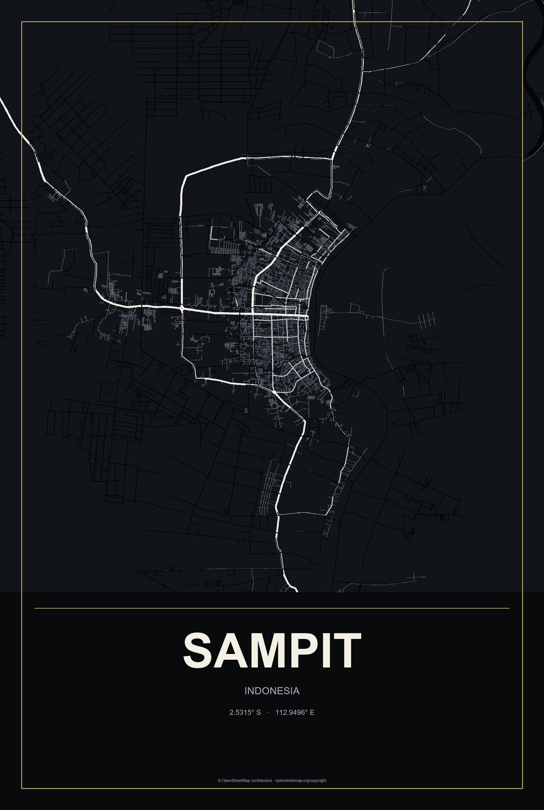 Sampit, Indonesia City Map Aluminum Sign in Metropolitan Noir style