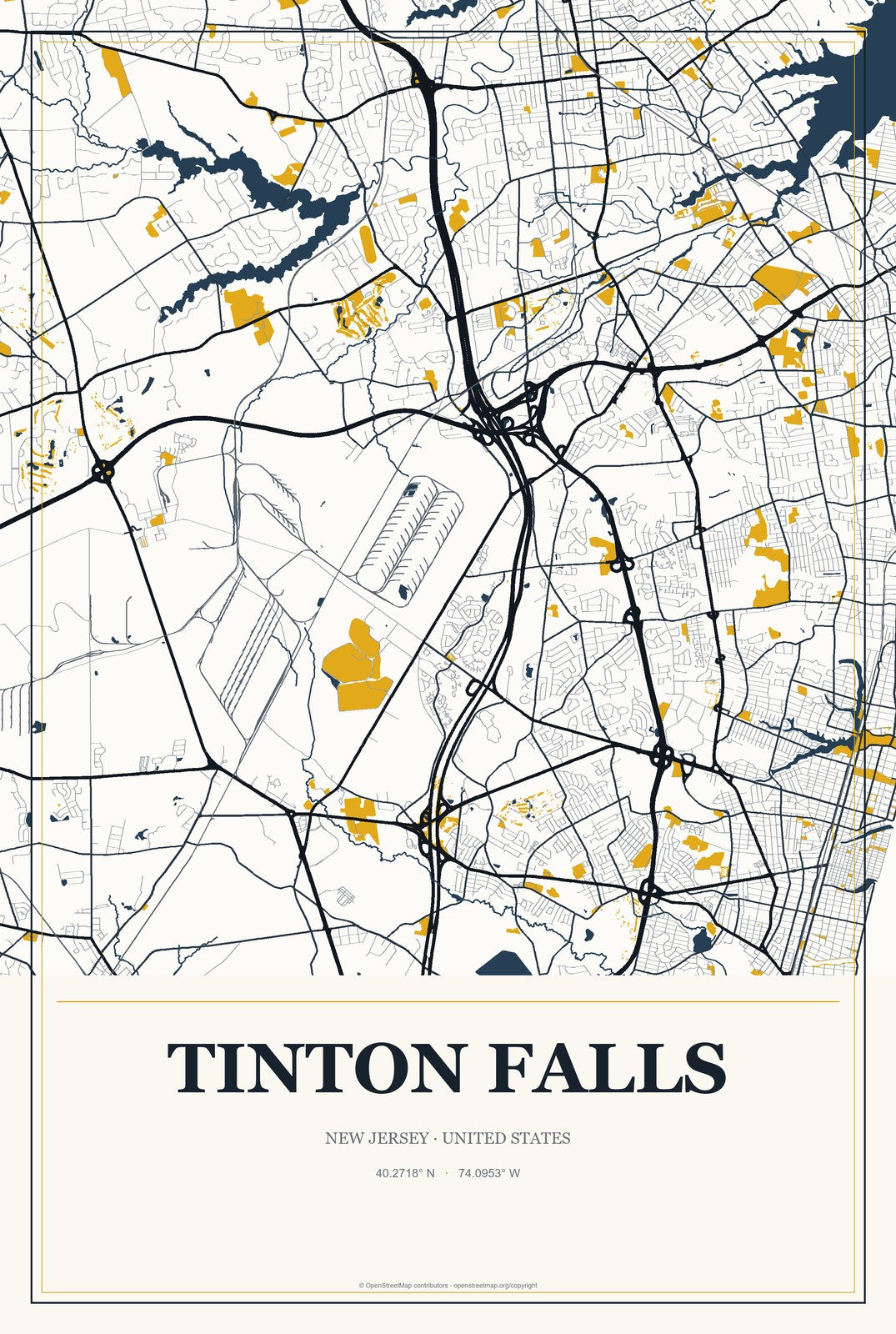Tinton Falls, New Jersey City Map Aluminum Sign in Citrine Modern style