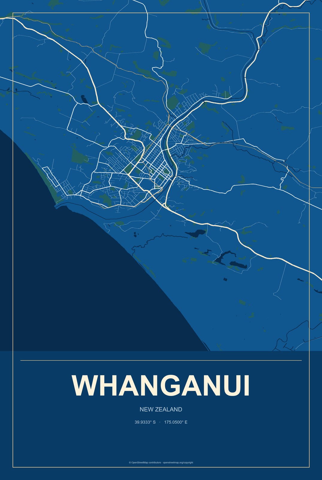 Whanganui, New Zealand City Map Aluminum Sign in Harbor Cobalt style