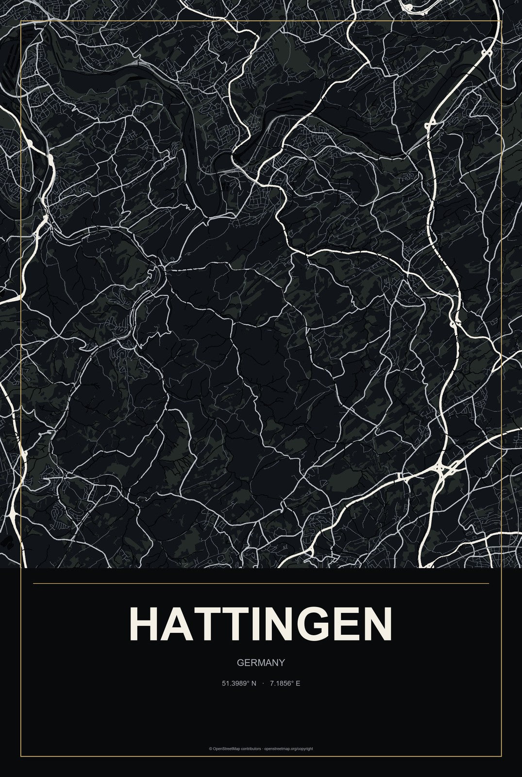 Hattingen, Germany City Map Aluminum Sign in Metropolitan Noir style