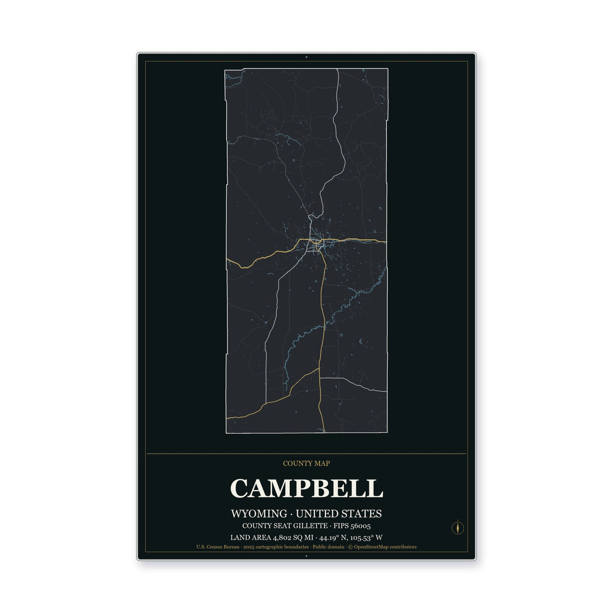 Campbell County, Wyoming Map Aluminum Sign in Metropolitan Noir style