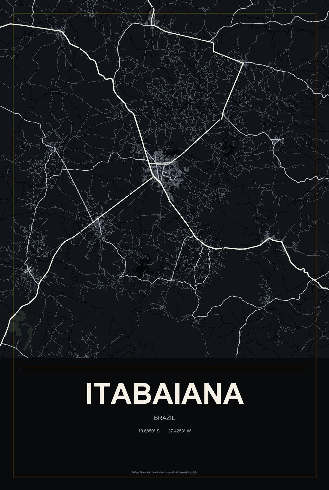 Itabaiana, Paraíba, Brazil City Map Aluminum Sign in Metropolitan Noir style
