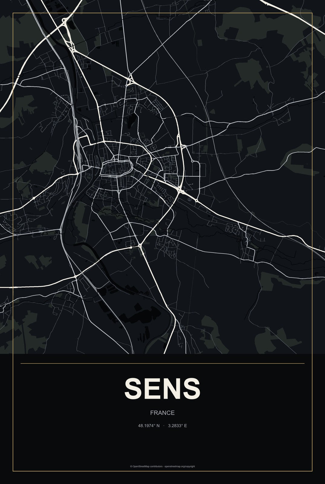 Sens, France City Map Aluminum Sign in Metropolitan Noir style