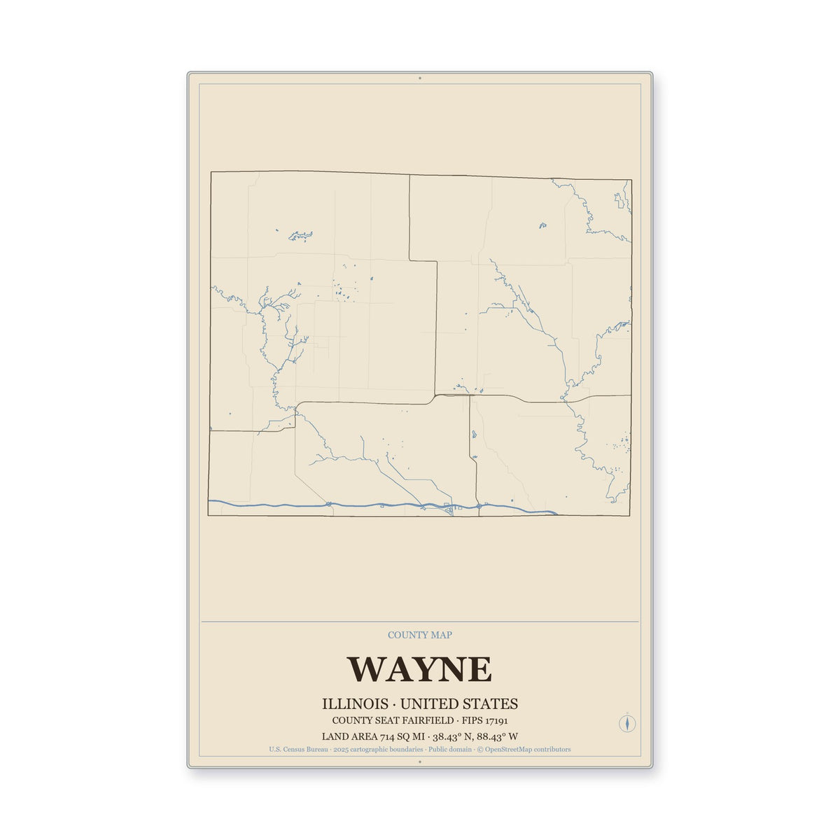 Wayne County, Illinois Map Aluminum Sign in Heritage Nautical style