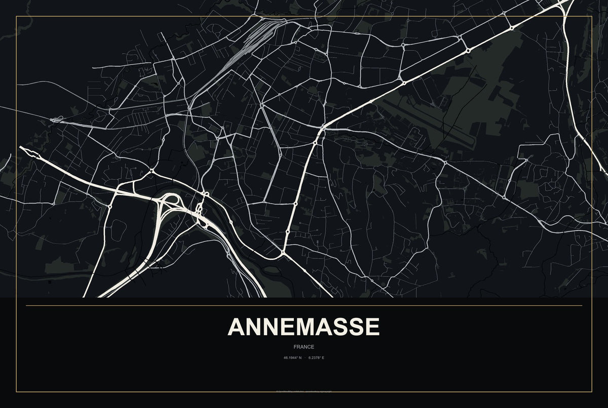 Annemasse, France City Map Aluminum Sign in Metropolitan Noir style