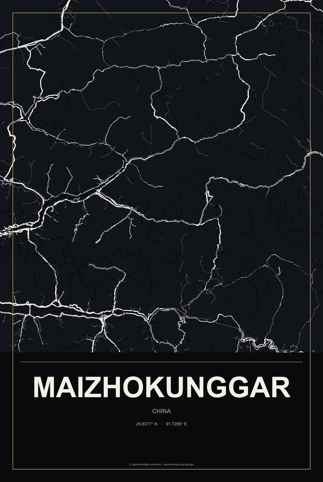 Maizhokunggar, China City Map Aluminum Sign in Metropolitan Noir style