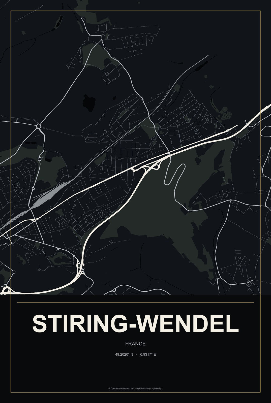Stiring-Wendel, France City Map Aluminum Sign in Metropolitan Noir style