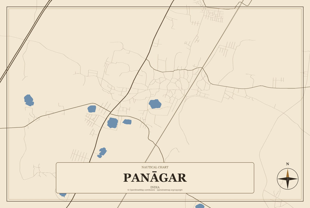 Panāgar, India City Map Aluminum Sign in Heritage Nautical style