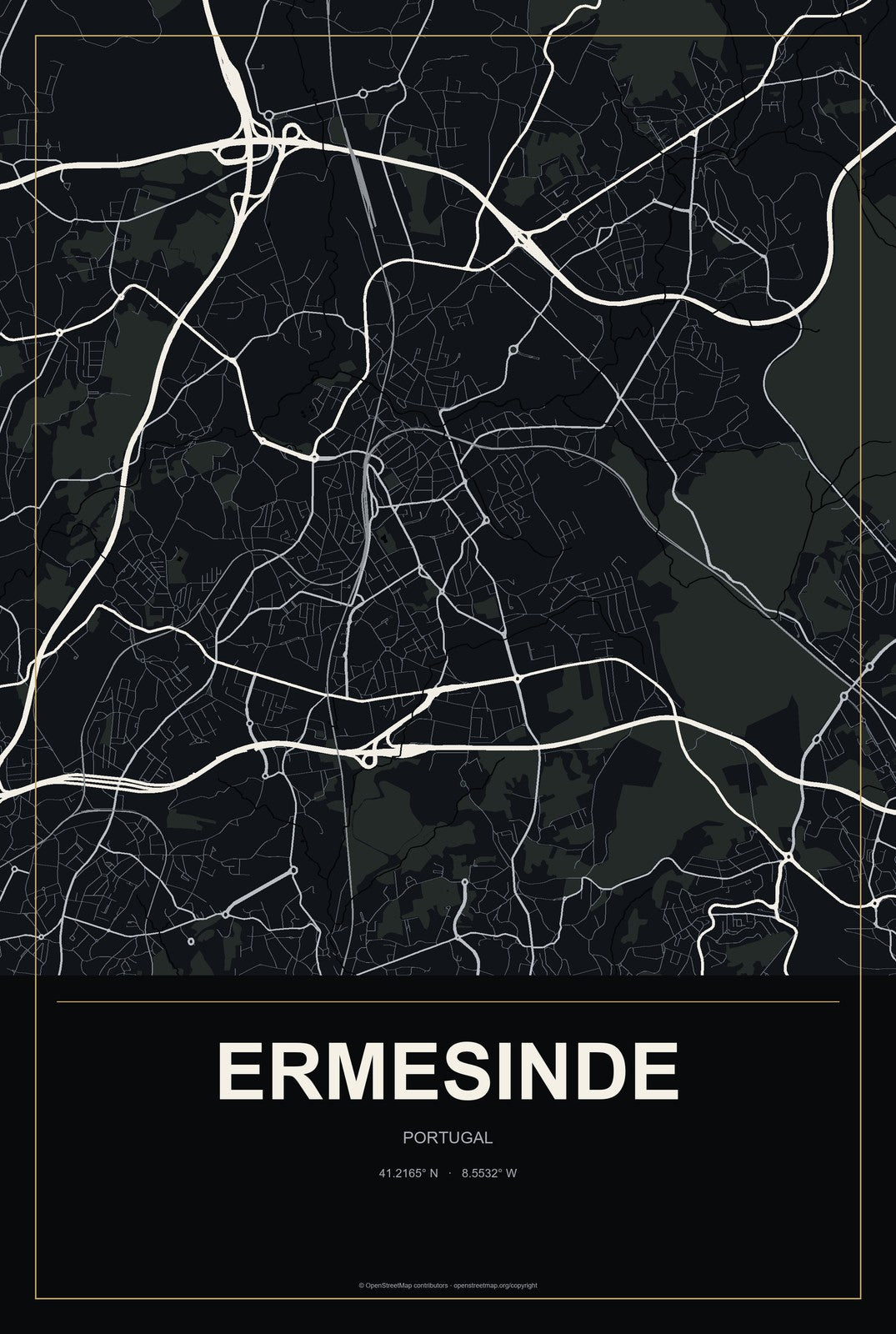 Ermesinde, Portugal City Map Aluminum Sign in Metropolitan Noir style