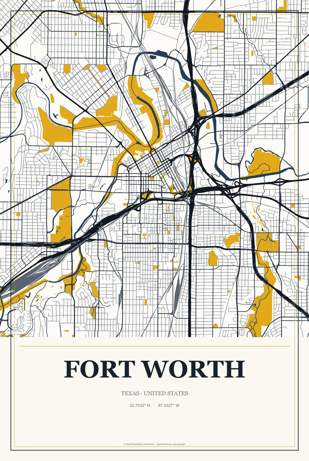 Fort Worth, Texas City Map Aluminum Sign in Citrine Modern style