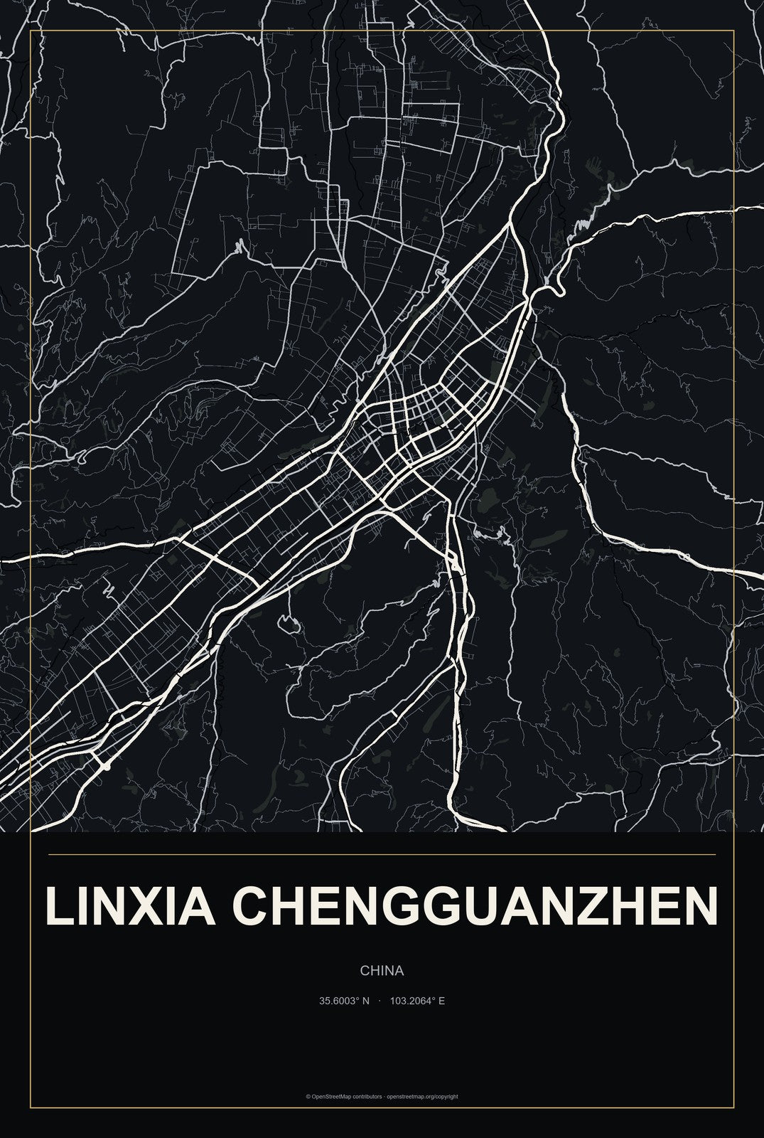 Linxia Chengguanzhen, China City Map Aluminum Sign in Metropolitan Noir style