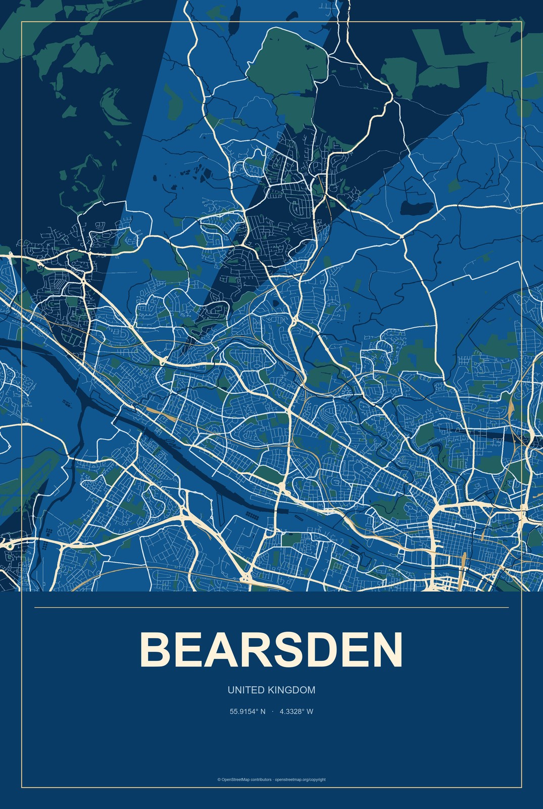 Bearsden, United Kingdom City Map Aluminum Sign in Harbor Cobalt style