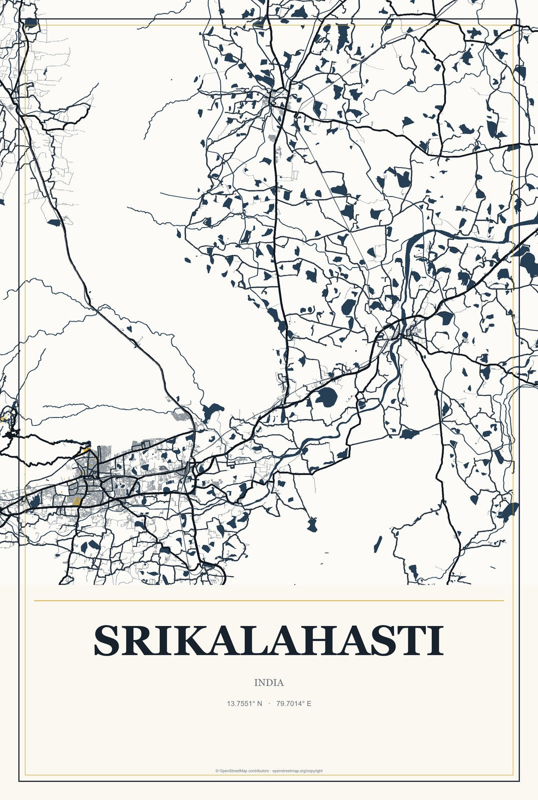 Srikalahasti, India City Map Aluminum Sign in Citrine Modern style