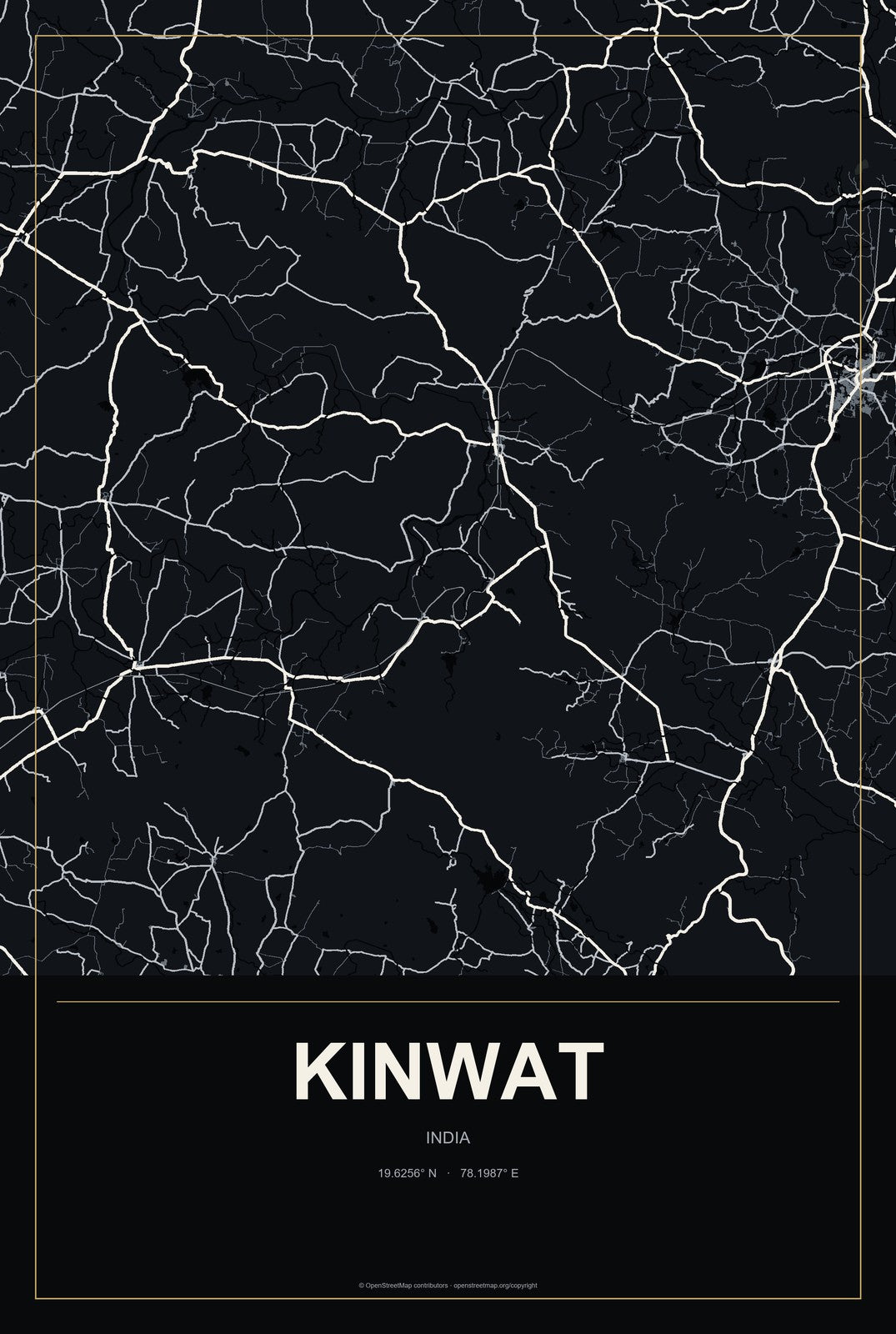 Kinwat, India City Map Aluminum Sign in Metropolitan Noir style