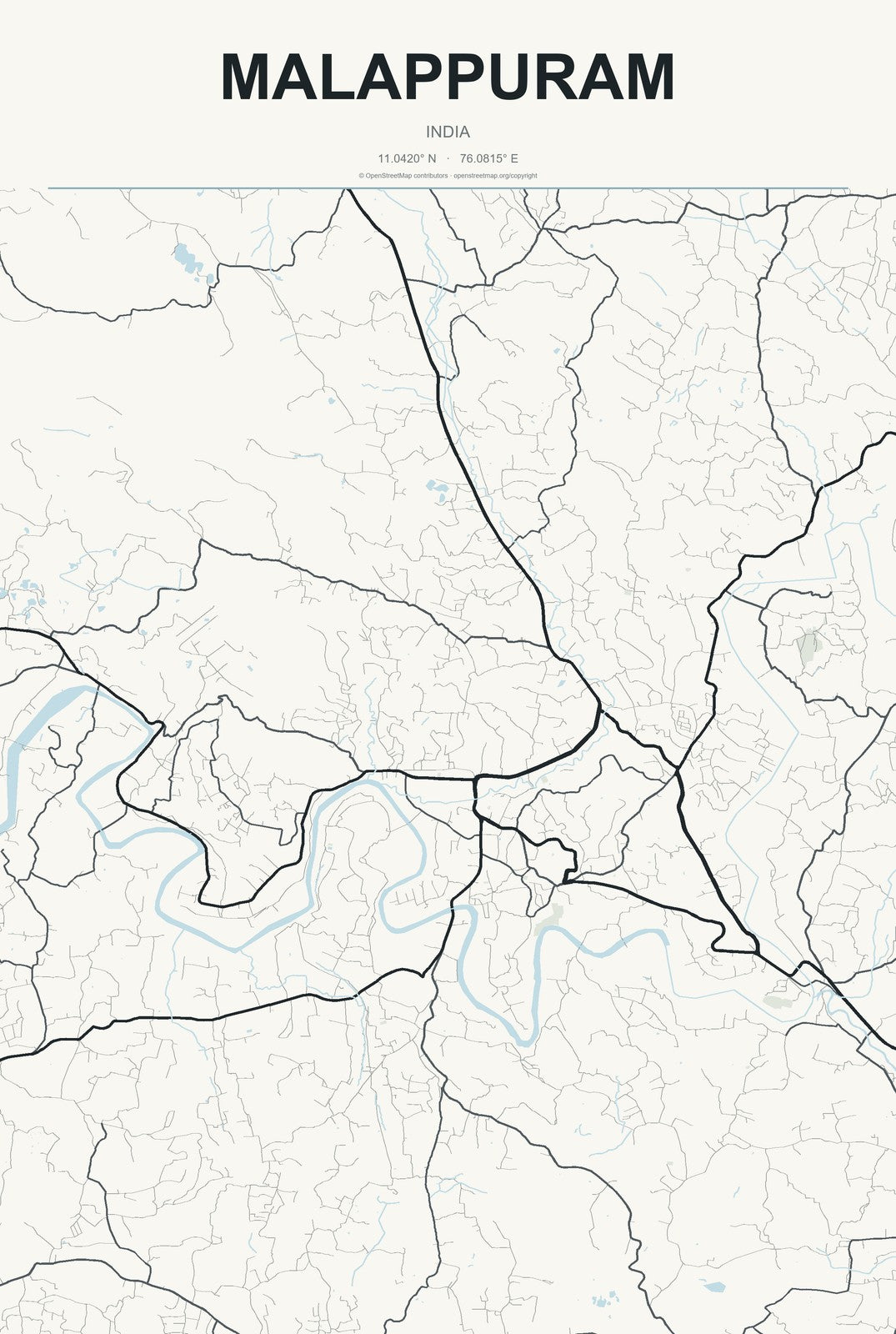 Malappuram, India City Map Aluminum Sign in Headline Atlas style