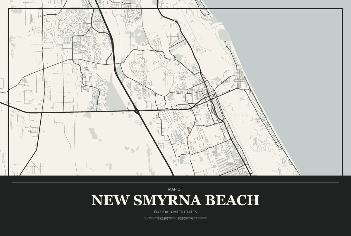 New Smyrna Beach, Florida City Map Aluminum Sign in Museum Plaque style