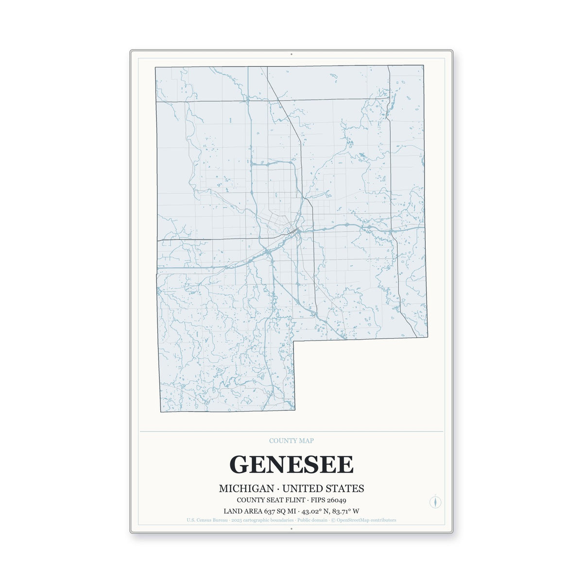 Genesee County, Michigan Map Aluminum Sign in Gallery Air style
