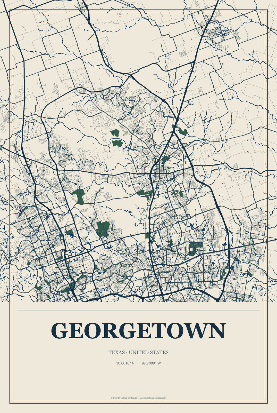 Georgetown, Texas City Map Aluminum Sign in Coastal Cutout style