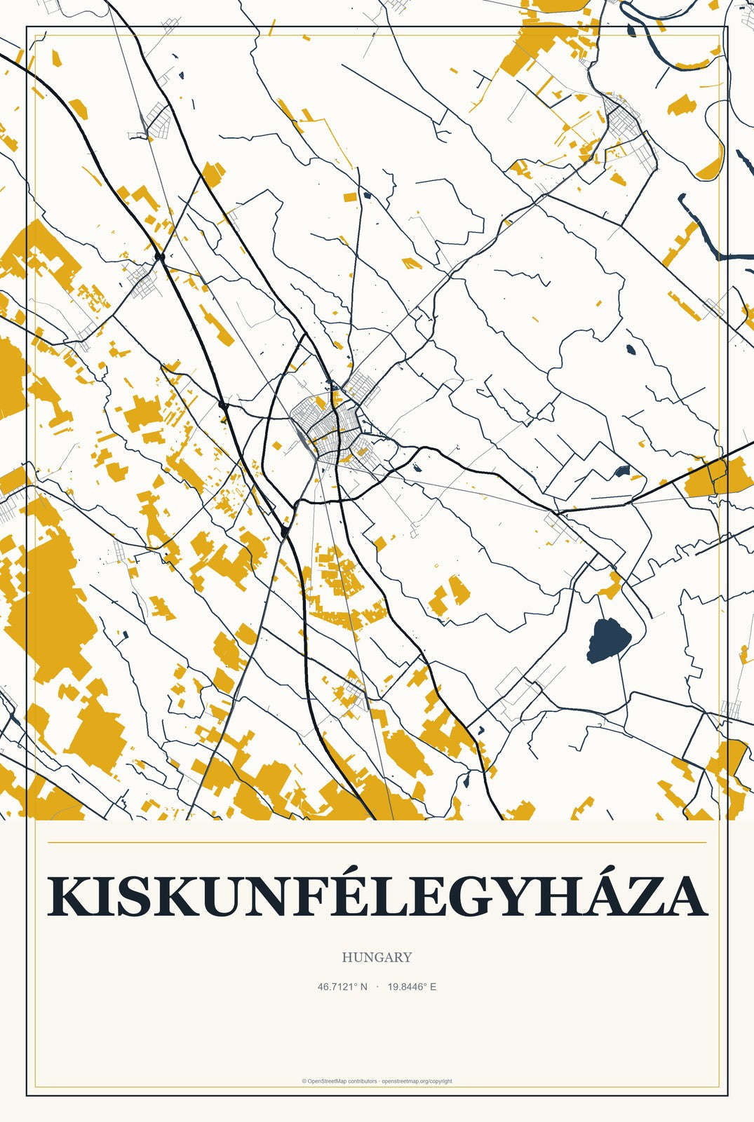 Kiskunfélegyháza, Hungary City Map Aluminum Sign in Citrine Modern style