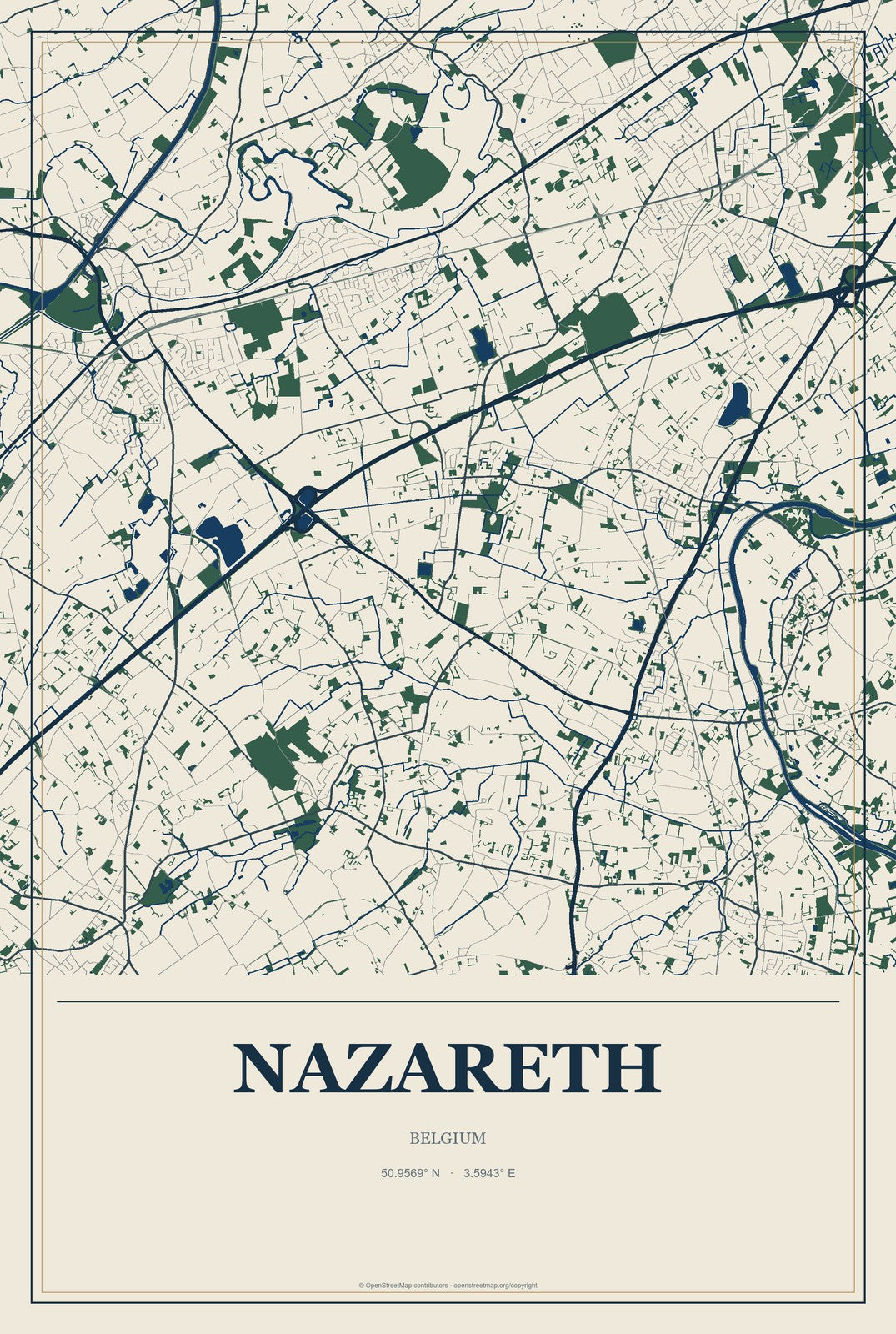 Nazareth, Belgium City Map Aluminum Sign in Coastal Cutout style