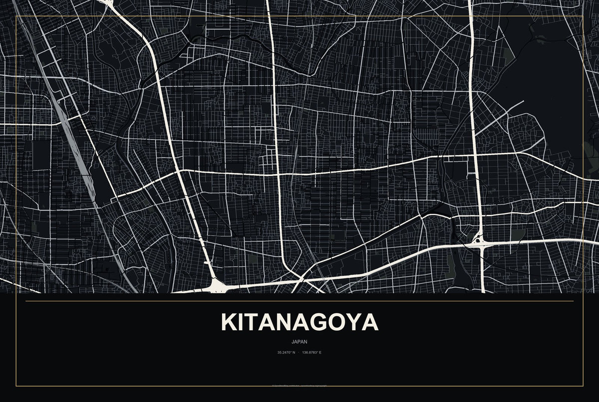 Kitanagoya, Japan City Map Aluminum Sign in Metropolitan Noir style