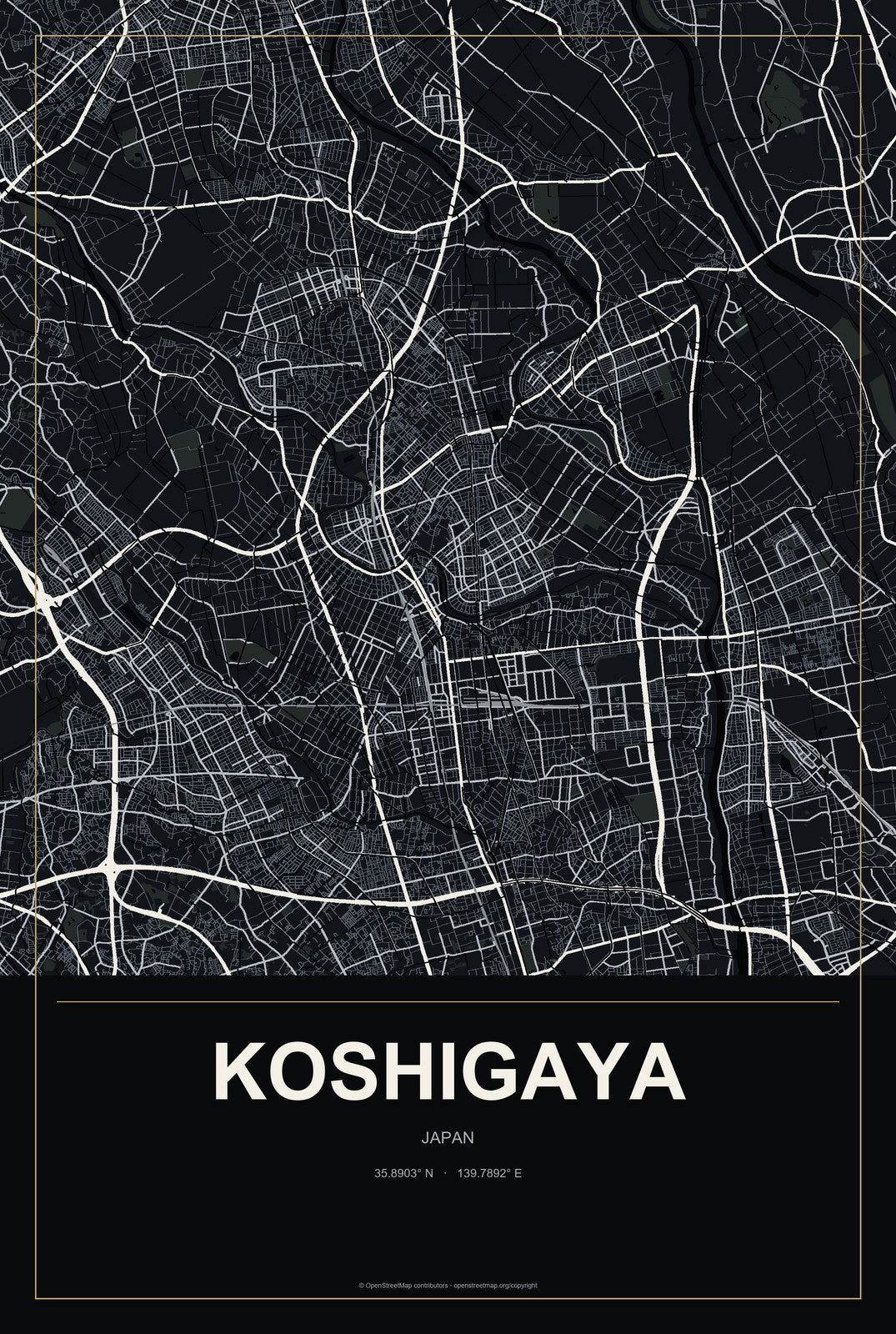 Koshigaya, Japan City Map Aluminum Sign in Metropolitan Noir style