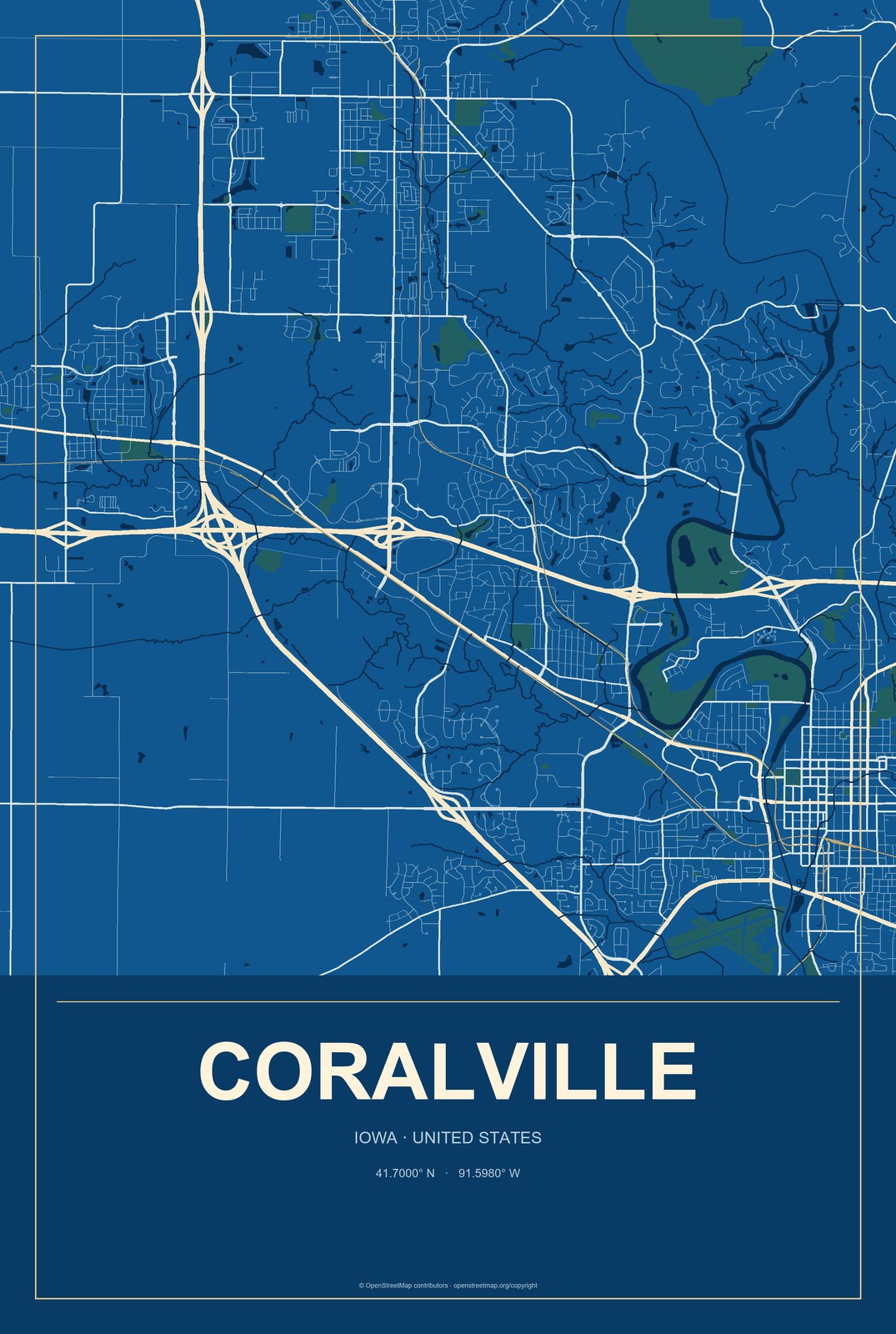 Coralville, Iowa City Map Aluminum Sign in Harbor Cobalt style