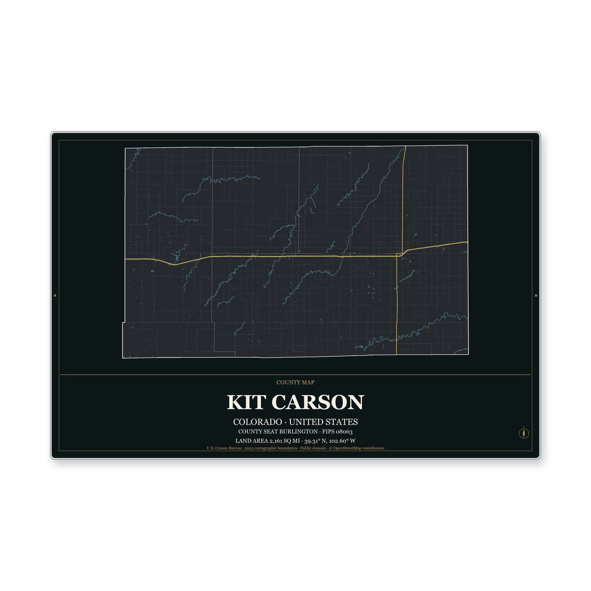 Kit Carson County, Colorado Map Aluminum Sign in Metropolitan Noir style