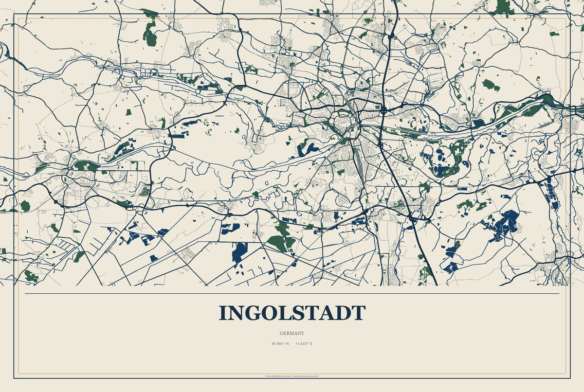 Ingolstadt, Germany City Map Aluminum Sign in Coastal Cutout style