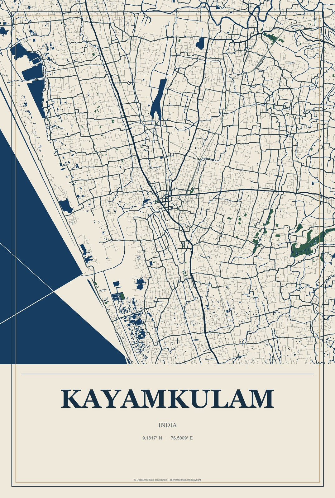Kayamkulam, India City Map Aluminum Sign in Coastal Cutout style
