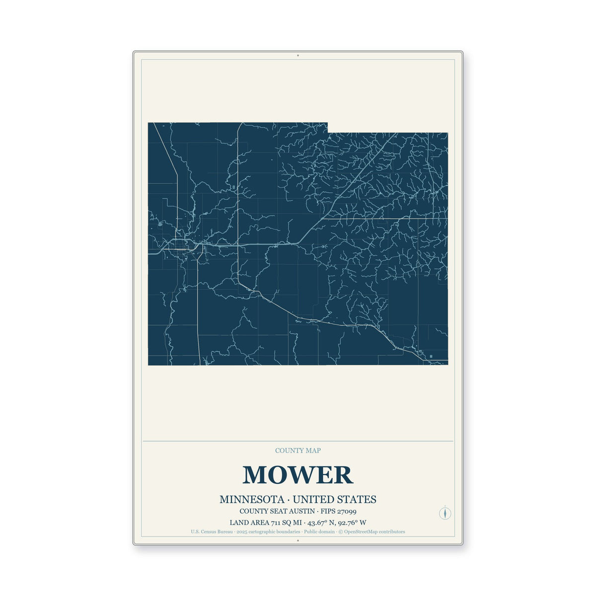 Mower County, Minnesota Map Aluminum Sign in Coastal Cutout style