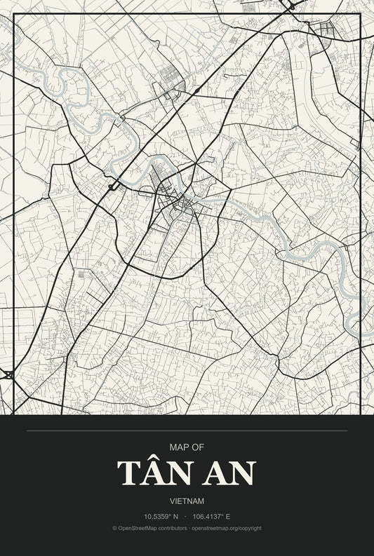 Tân An, Vietnam City Map Aluminum Sign in Museum Plaque style