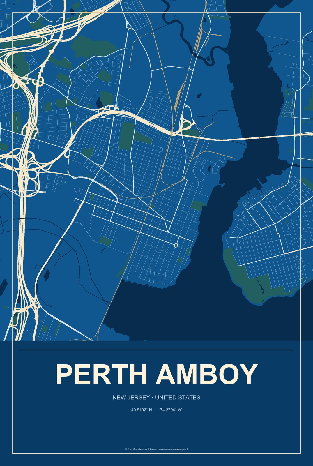 Perth Amboy, New Jersey City Map Aluminum Sign in Harbor Cobalt style