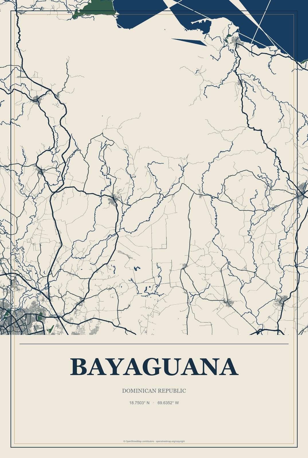 Bayaguana, Dominican Republic City Map Aluminum Sign in Coastal Cutout style