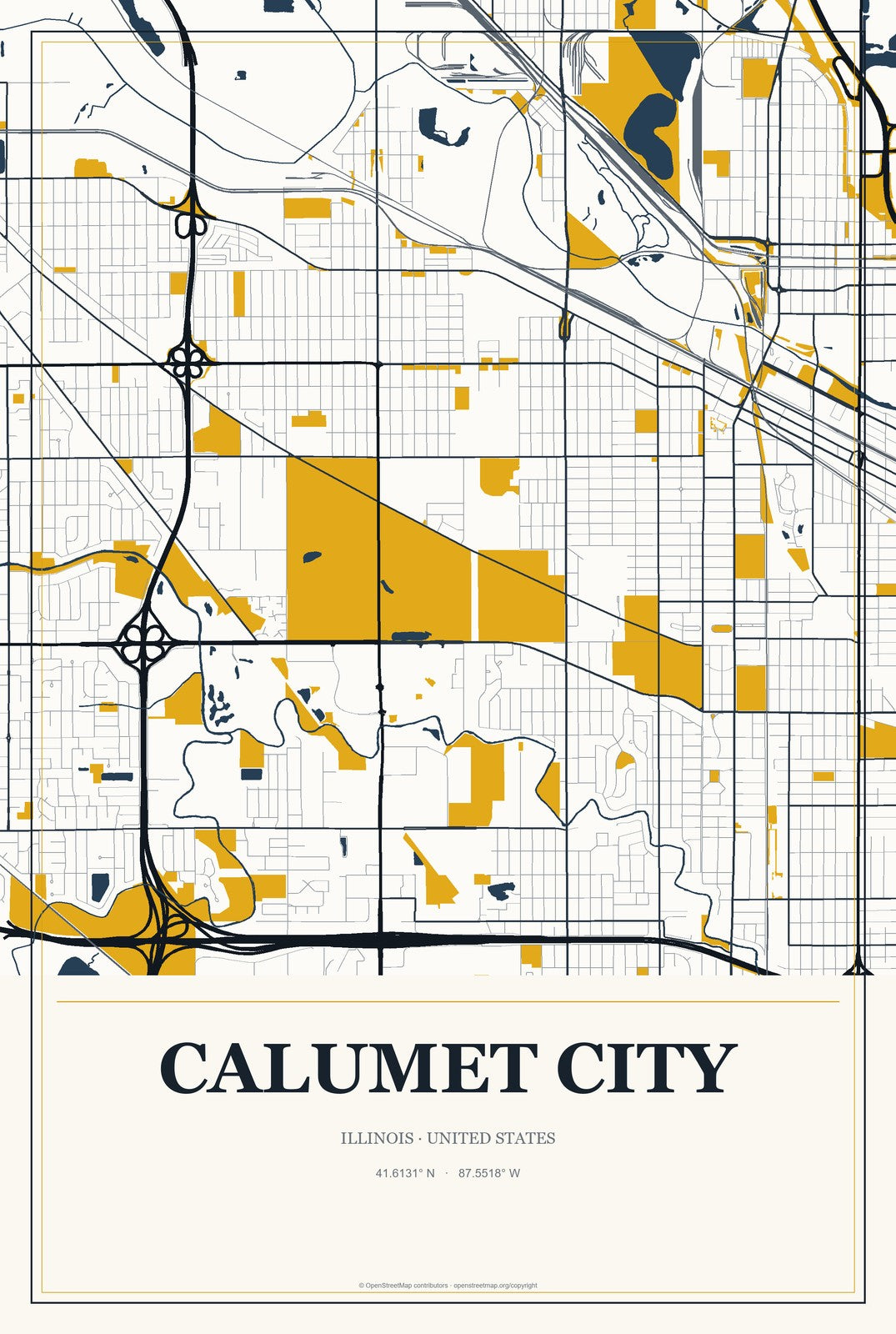Calumet City, Illinois City Map Aluminum Sign in Citrine Modern style