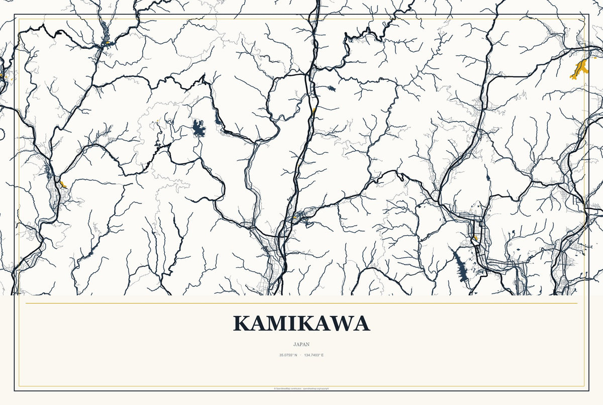 Kamikawa, Japan City Map Aluminum Sign in Citrine Modern style