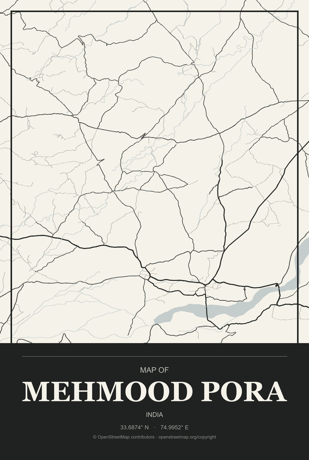 Mehmood Pora, India City Map Aluminum Sign in Museum Plaque style