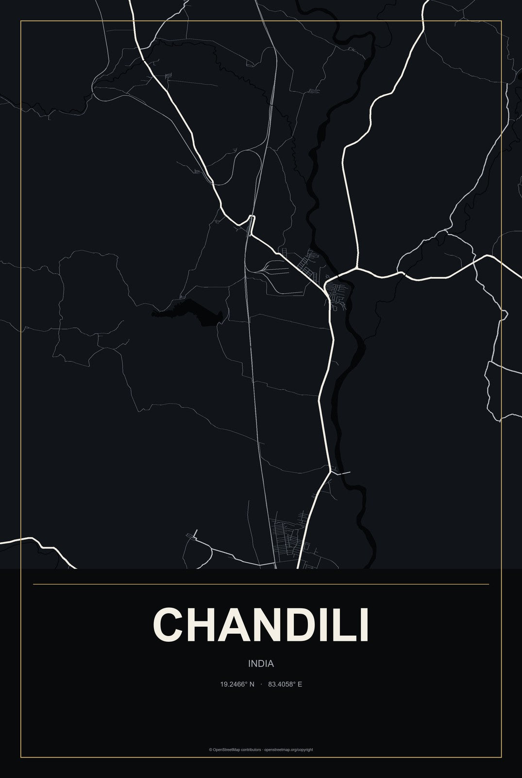 Chandili, India City Map Aluminum Sign in Metropolitan Noir style