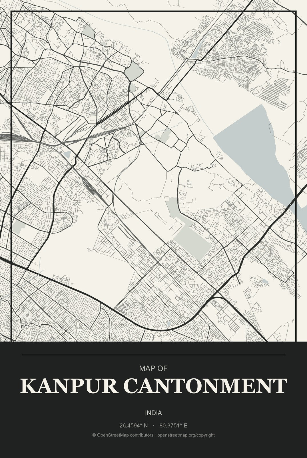 Kanpur Cantonment, India City Map Aluminum Sign in Museum Plaque style