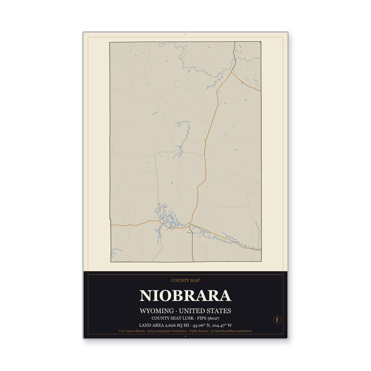 Niobrara County, Wyoming Map Aluminum Sign in Museum Plaque style