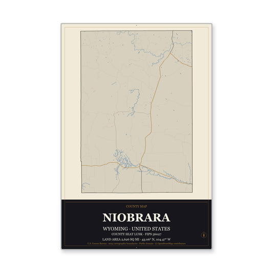 Niobrara County, Wyoming Map Aluminum Sign in Museum Plaque style