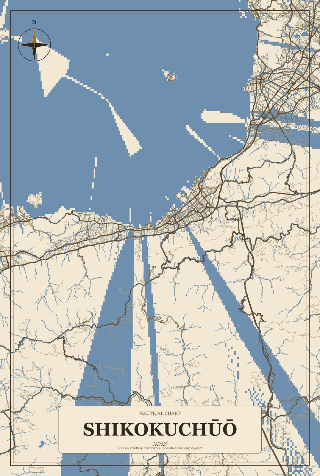 Shikokuchūō, Japan City Map Aluminum Sign in Heritage Nautical style