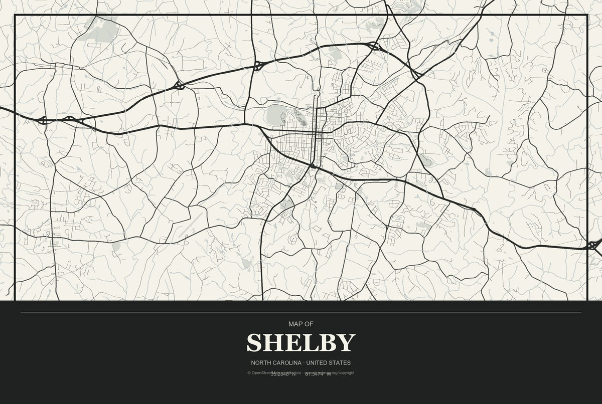 Shelby, North Carolina City Map Aluminum Sign in Museum Plaque style