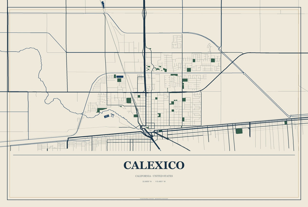 Calexico, California City Map Aluminum Sign in Coastal Cutout style